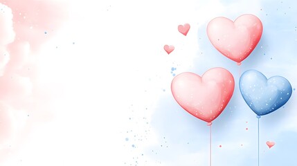 Watercolor Painting Depicting Pink And Blue Heart Shaped Balloons Floating