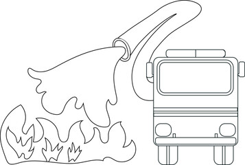 Coloring page with cartoon simple fire truck, extinguishing fire with water from a fire hose in flat style