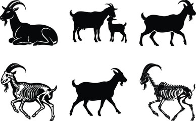 Fototapeta premium Minimalistic goat silhouette clipart SVG bundle design, A stunning black isolated on white background collection of various goat silhouettes. Perfect for farm, nature, and animal-themed designs