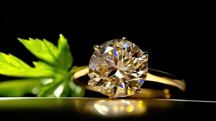 A stunning golden engagement ring with a large diamond, set against a dark backdrop, complemented by a vibrant green leaf