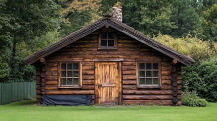 Fototapeta premium Rustic log cabin nestled in a verdant landscape. A weathered facade and charming details evoke a sense of history and tranquility