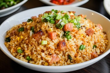 Delicious and colorful fried rice with mixed ingredients served on white plate, close up food photography, restaurant dish