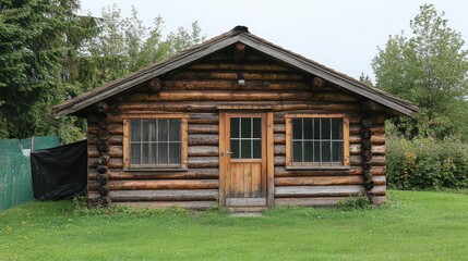 Cozy log cabin nestled amongst trees and a grassy field. A simple, rustic escape