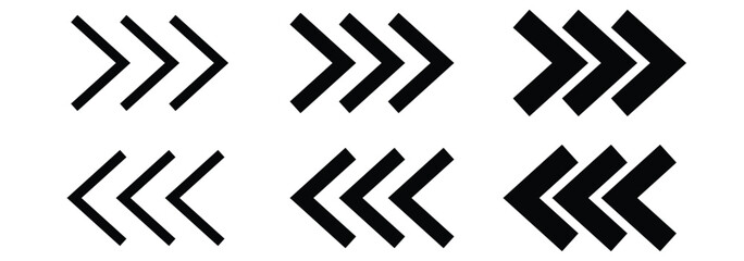 Black chevron arrows. Scrolling arrow button symbol. Dynamic moving arrow symbol. Swipe arrow vector icon. Pointer, next to, road caution, military, navigation sign isolated. Vector illustration.