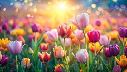Miniature Gentle Tulip Blossoms in Spring Meadow, Tilt-Shift Photography
