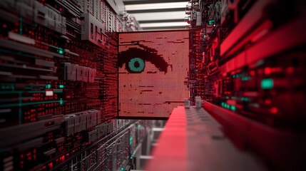 Digital face in futuristic server room;  potential use for technology concept