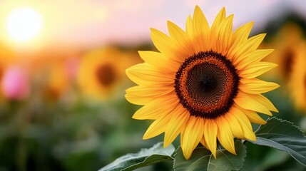 Obraz premium Vibrant Sunflower Bloom in a Beautiful Field at Sunset with Soft Natural Light