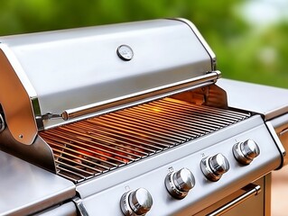 Stainless Steel Gas Grill with Glowing Burners Outdoors