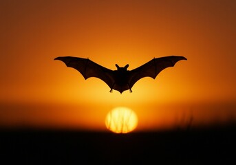 Naklejka premium Sunset Bat Silhouette: A Majestic Flight