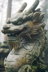 Ancient stone dragon sculpture surrounded by misty forest, evoking mystery and tranquility
