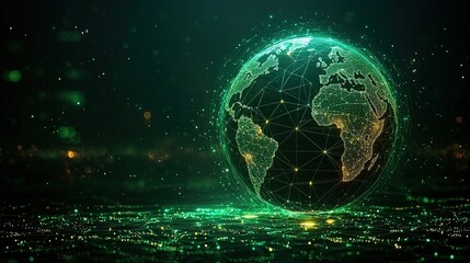 Fototapeta premium Digital World Map with Green Neon Lights, Representing Global Connectivity and Technology