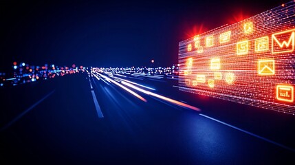 Digital highway with glowing app icons at night.