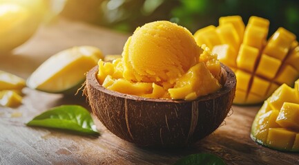 Delicious and Refreshing Mango Sorbet Served in a Coconut Shell on a Wooden Table with Mango Slices and Green Leaves.