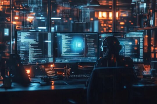 High-Tech Nighttime Workspace with Holographic Displays and Team Collaboration