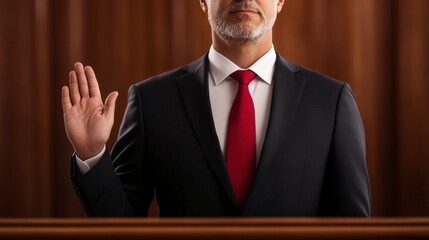 Businessman Taking Oath in Courtroom with Wood Paneling and Formal Attire for Legal Proceedings