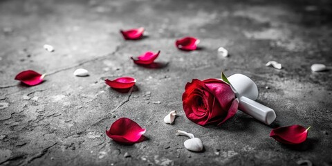 Minimalist Black & White Wireless Earbuds with Petals on Concrete