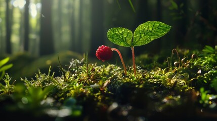 Small green seedling sprouting in a mossy forest