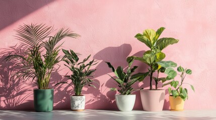 Fototapeta premium Collection of indoor plants casting shadows on pink wall
