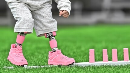 Child with prosthetic legs practicing agility drills on a grassy field