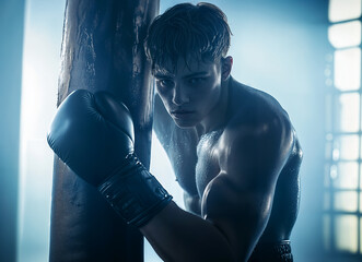 A muscular man in a boxing stance training on a red punching bag, wearing red boxing gloves and white shorts.. He is in a gym	
