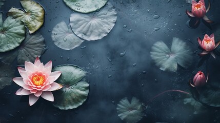 Lotus flower in a pond from above, fine art water lily on dark paint canvas texture, top view, Japanese zen garden wallpaper