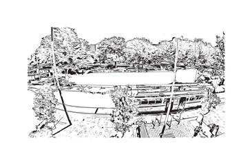 Latest building view with landmark of Christchurch city of New Zealand. Hand drawn sketch illustration in vector