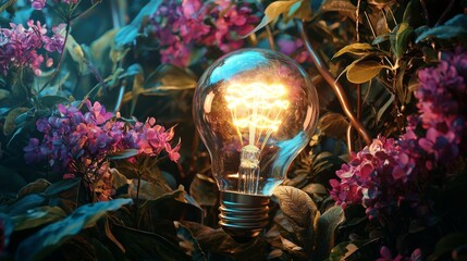 Glowing lightbulb surrounded by lush purple flowers