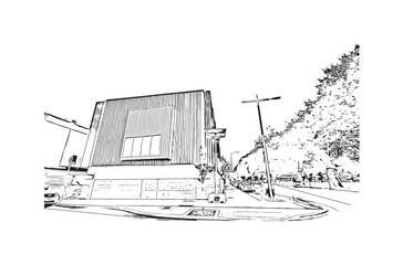 Latest building view with landmark of Christchurch city of New Zealand. Hand drawn sketch illustration in vector