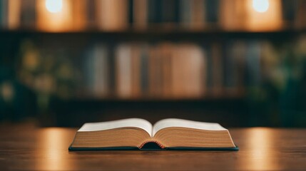 Obraz premium Open hardcover book resting on a wooden table with blurred bookshelves in the background