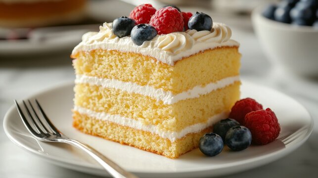 Delicious layered vanilla cake topped with fresh berries served on a white plate