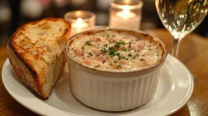 Creamy seafood dish with toasted bread, candles, and wine in a restaurant