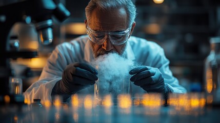 Senior scientist experimenting with chemical vapor in lab
