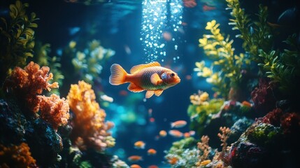 Fototapeta premium Vibrant orange fish in aquarium, bubbles rising, coral reef background
