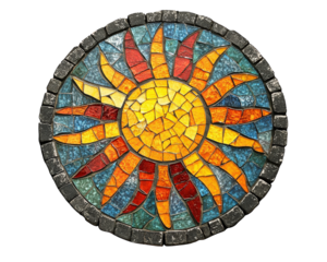 Vibrant glass mosaic stepping stone featuring sun design with colorful rays. This decorative piece adds cheerful touch to gardens or pathways, enhancing outdoor aesthetics