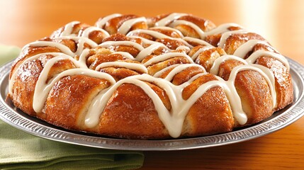 Sweet Cinnamon Rolls with Creamy Icing on Silver Platter