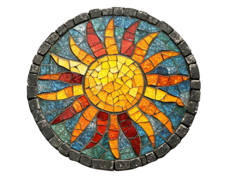 Vibrant glass mosaic stepping stone featuring sun design with colorful rays. This decorative piece adds cheerful touch to gardens or pathways, enhancing outdoor aesthetics