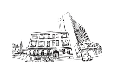 Latest building view with landmark of Christchurch city of New Zealand. Hand drawn sketch illustration in vector