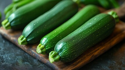Freshly harvested zucchinis arranged on a wooden cutting board in a rustic kitchen setting