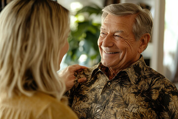 Senior man smiling warmly at caregiver in supportive and cheerful moment
