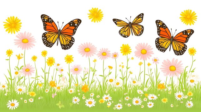 Fototapeta Fluttering wings and floral symphony, butterflies in a blossoming meadow