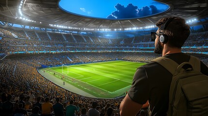 Man in VR headset watching soccer game in stadium.