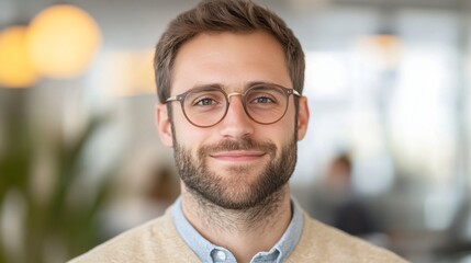 Obraz premium Smiling young man in glasses, casual attire, modern workspace background, friendly atmosphere, ideal for professional profiles.