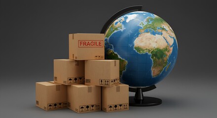 Packaging Boxes Next to Globe Illustrating Global Shipping and Logistics
