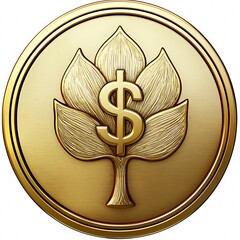 A golden coin features a dollar sign over a leaf design