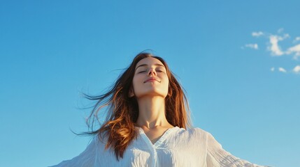 Fototapeta premium Happy young woman enjoying sunshine, carefree spirit, outdoors with blue sky, vibrant energy and space for inspirational text.