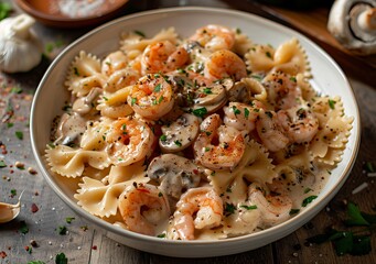Delicious creamy shrimp and mushroom farfalle pasta served in a white bowl on a rustic wooden table, beautifully garnished with fresh parsley and spices, a gourmet Italian seafood dish for dinner