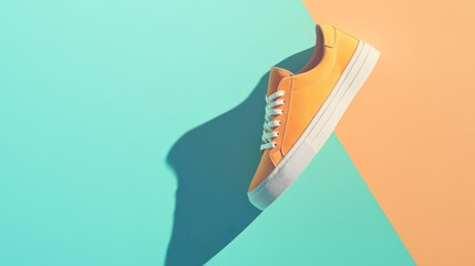 A pair of minimalist sneakers rests on a pastel backdrop, isolated with space for branding or messaging.