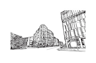 Latest building view with landmark of Christchurch city of New Zealand. Hand drawn sketch illustration in vector