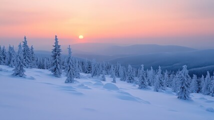 Obraz premium Snow Covered Pine Trees at Sunset on a Mountain Peak