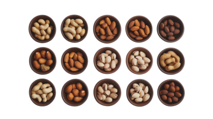 Set of, circular chocolate candies, assorted nuts, hazelnuts, almonds, pecans, arranged in rows, symmetrical layout, brown tones, confectionery, gourmet sweets,PNG file isolated on transparent backgro